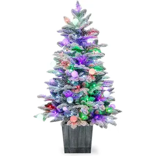 RELAX4LIFE 100 cm Künstlicher Weihnachtsbaum mit Beleuchtung & Schnee, Kleiner Tannenbaum mit 80 mehrfarbigen LED-Lichtern & 148 Zweigspitzen, Tisch Christbaum mit Topf für Zuhause & Eingang, Weiß