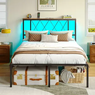 IRONCK Bett 120x200 mit LED Beleuchtung, Bettgestell 120x200 mit Steckdose, 1 USB, 1 Typ-C-Anschlüsse, Metallbett mit Kopfteil und Stauraum, Jugendbett, Einzelbett mit Metal Lattenrost