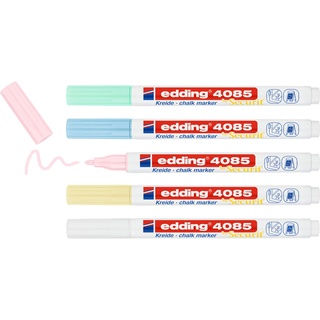 edding 4085 Kreidemarker - gelb, grün, rosa, blau, weiß (pastell) - 5 Kreidestifte - Rundspitze 1-2mm - Kreidestift für Tafel abwischbar - für von Fenster, Glas - Tafelstifte mit deckenden Farben