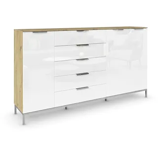 Rauch Möbel Flipp, Nachttisch für Schlafzimmer, Flur, Garderobe, 3-türig, 5 Schubladen, mit Softclose-Funktion, Griffe und Metallkufe Chrom, Farbe Eiche Artisan, Holz/Glas Weiß, Breite 199 cm
