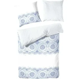 Hahn Baumwoll Satin Wende-Bettwäsche Oranmente Punkte Blau Weiß Grau, Blau 155 x 220 cm + 80 x 80 cm - Royalblau