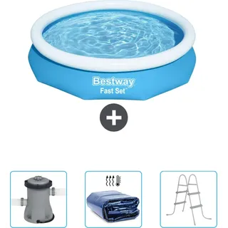 Bestway runder aufblasbarer Fast-Set-Pool – 305 x 66 cm – Blau – im Lieferumfang enthalten Pumpe - Sonnensegel - Leiter