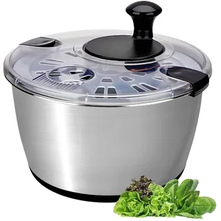 Salatschleuder Edelstahl 18/10 mit Kurbelantrieb, 6L große Salatschüssel mit Deckel, rutschfest & spülmaschinengeeignet – Salad Spinner für Salat, Gemüse, Obst