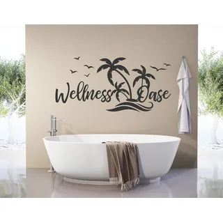 tjapalo® s-pkm401 xxl Wandtattoo Badezimmer mit Wandspruch Wellness Oase mit Palmen (B120 x H58 cm)