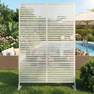 Sichtschutz Metall, Freistehender Paravent 180x120 cm, Wetterfester Sichtschutz Für Garten Terrasse Balkon Outdoor Deko, Raumteiler Mit Ständer, Verzinkter Stahl, Horizontalstreifen Weiß