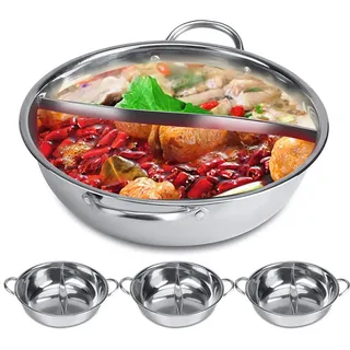 Hot Pot Topf Edelstahl 32cm Hotpot Doppelter Topf Kochtopf Shabu Hot Doppelflavor Pot Doppelseitig Pot Küche Dual-Hot Pot Induktionskochfeld mit Trennwand für Party