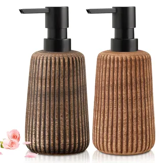 Vegena Keramik Seifenspender: 2 Stück Vintage Streifen, Flüssigseifenspender Nachfüllbar, Pumpkopf Leicht Zu Drücken, Für Badezimmer Und Küche (8x8x14cm Beige 400ML)