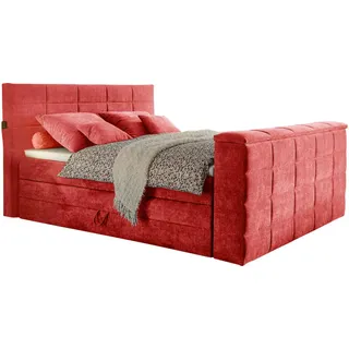 Carryhome Boxspringbett , Rot , Textil , H2 + H3 , 7-Zonen , Höhe ca. 18 cm , 180x200 cm , Bettkasten, gepolstertes Kopfteil, Topper durchgehend, Wendematratze mit unterschiedlichen Härtegraden , Schlafzimmer, Betten, Doppelbetten