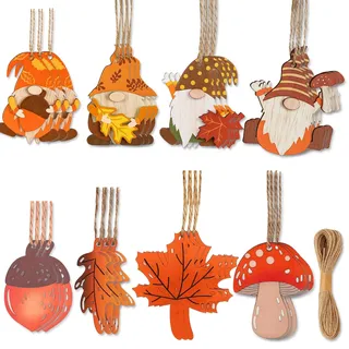 BaiDekun 24er Holz Weihnachtsdeko Anhänger Set – 4x Wichtel, 1x Kastanie, 2x Ahornblatt & 1x Pilz Design (je 3 Stück) mit Juteschnur – Holz Christbaumschmuck & Weihnachtsbaumschmuck für Zuhause & Baum