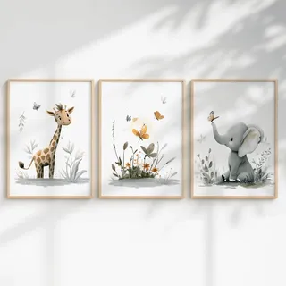 Generisch 3er Dschungel Poster-Set fürs Babyzimmer A4 A3 - Bilder Safaritiere: Elefant Faultier, Nilpferd, Giraffe, Löwe, Zebra, Panda fürs Kinderzimmer (Safari Schmetterling, DIN A3, Ungerahmt)