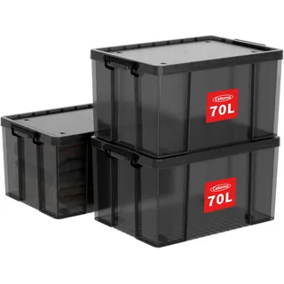 Cetomo,70L,3er-Pack, Aufbewahrungsbox mit deckel,Aufbewahrungsboxen, mit Clips, stapelbar, Wohnzimmer, Schlafzimmer.lebensmittelecht,Verschlussclips,Neumaterial Plastik-Box transparent schwarz