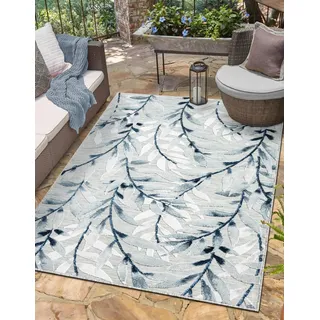 Myflair Teppich "Olivia, LAGERRÄUMUNG", blau (grau,blau), B:200cm H:8mm L:300cm, Polypropylen, MYFLAIR MÖBEL & ACCESSOIRES, Teppiche, Teppich, Blätter Motiv, Hoch-Tief Effekt, Outdoor geeignet, Balkon, Terrasse