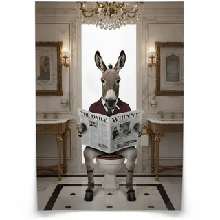 Muralo Poster für Badezimmer WC Esel im Anzug auf Toilette mit Zeitung Glamour 30x40cm , Braun, Weiß, Beige, Grau, Schwarz , Papier , Tiere, Abstrakt , Rechteckig , 30x40x40 cm , Bilder & Rahmen, Bilder, Sonstige Wandbilder