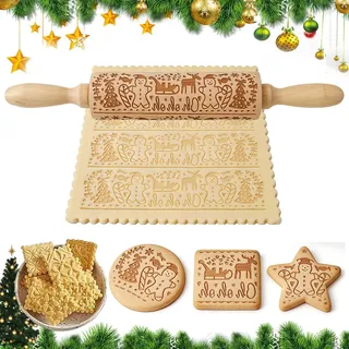 Guidre 3D Holz Prägung Nudelholz für Gebäck Ostern Weihnachten Kinder DIY Backen