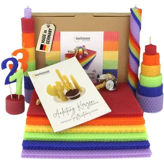 Wachsmann Kerzen Bastelset „Rainbow“, 100% Bienenwachs aus Deutschland – 18 farbige Wachsplatten (20 x 15 cm) mit Hanfdochten – Kerzen selber machen Set für Kinder & Erwachsene, DIY Bienenwachskerzen