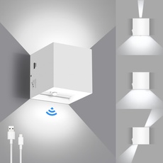 Lightsjoy Akku Wandlampe Innen mit Bewegungsmelder LED wandleuchte Weiß Kabellos Batterie Lampe USB Aufladbare mit Schalter Einstellbar Abstrahlwinkel Wandbeleuchtung Flur und Treppenhaus-kaltweiß
