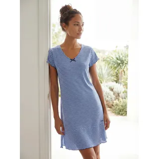 Nachthemd H.I.S, Damen, Gr. 52/54, N-Gr, blau (blau, geringelt), Single Jersey, Obermaterial: 100% Baumwolle, gestreift, figurumspielend kurz, V-Ausschnitt, eingesetzt Babylock kontrastfarben, Kleider Nachthemd, in süßem Streifenlook mit Kräuselrändern, Topseller