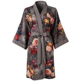 Ledamon Damen Kimono Kurz Robe für Frauen - Pocket Floral Bademantel Nachthemd (Schwarzgrau)