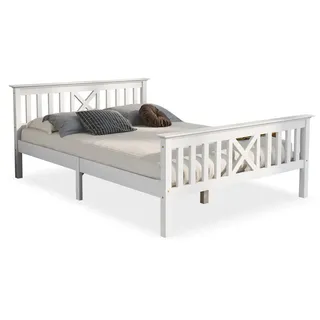 Okwish Holzbett 140/200 cm aus Kiefer massiv mit X-förmigem Kopfteil und Stauraum , Weiß , Holz , 140x200 cm , Schlafzimmer, Betten
