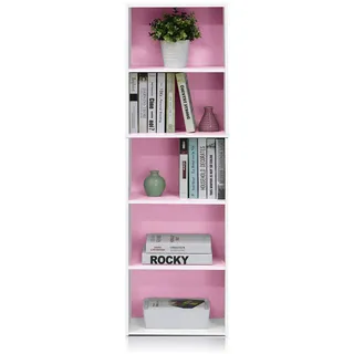 Furinno LUDER 5-stufiges Würfelregal mit offenem Fach, Weiß/Rosa | Bücherregal, 23,88 x 40,13 x 132,08 cm, für Wohnzimmer, Schlafzimmer, Homeoffice