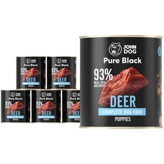 JOHN DOG Pure Black - 93% Fleisch - Premium Nassfutter für Hunde - Welpenfutter - Hypoallergenes Hundefutter - Glutenfrei Nassfutter - 100% Natürliche Zutaten - Hunde Leckerlis - 6 x 800g - (Hirsch)