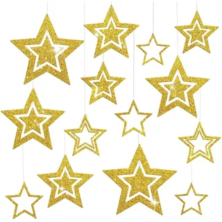 Glitzer Sterne zum Aufhängen Gold,14 Stück Weihnachtsdeko Stern zum Aufhängen,Weihnachtssterne Deko,Weihnachtsanhänger Deko Sterne Weihnachten für Weihnachtsbaum,Deckenhänger,Neujahr Winter Dekoration