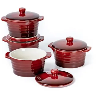 Auflaufform Klein 250ml X 4er, Soufflé Förmchen Mit Deckel - Rot, Creme Brulee Schälchen aus Porzellan, Suppentassen mit Henkel, Dessertschale für Soufflé, Muffins, Cupcakes, Fondants Und Obst