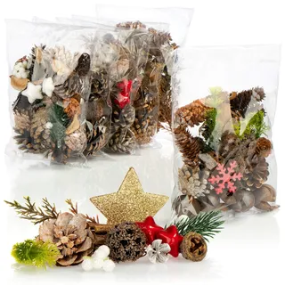 COM-FOUR® 6X Weihnachtsdekoration im Beutel mit Zapfen, Sternen und Zweigen - Streudeko weihnachtlich - Tischdeko - Adventskranz - Bastelzubehör (6X Beutel: Zapfen. Sterne. Flocken)