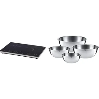WMF Kult X Doppel- Induktionskochfeld, bis 28 cm & Gourmet Schüsselset 4-teilig, Edelstahl Schüsseln für die Küche 0,75l - 2,75l, Rührschüssel, Salatschüssel, Servierschüssel, Cromargan, stapelbar