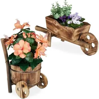 Rustikales 2er Set Gartendeko: Pflanzenschubkarre & Wagen mit Eimer, geflammtes Holz, 55.5x23x22cm