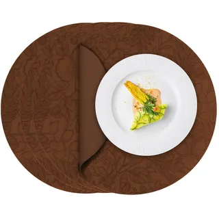 ToVioc Platzsets Abwaschbar Rund Leder, Tischsets Abwaschbar Rund für Küche, Restaurant & Büro, Antirutsch-Funktion Teller Untersetzer Platzdeckchen in Blumen-Design (34 cm Ø, 4er Set) - Braun