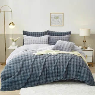 Luofanfei Winter Plüsch Bettwäsche 135 x 200 Blau Grau Warme Kuschelig Flauschig Flanell Bettwäsche Set Winterbettwäsche Microfaser Fleece Bettbezug und Kissenbezug 80x80 mit Reißverschluss
