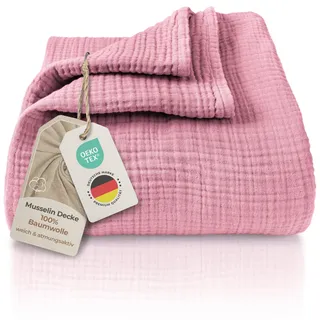 LAYNENBURG Premium Musselin Tagesdecke 180x220 cm - 100% Baumwolle - extraweiche Baumwolldecke als Kuscheldecke, Bett-Überwurf, Sofa-Überwurf, Couch-Überwurf - warme Sofa-Decke (Altrosa)