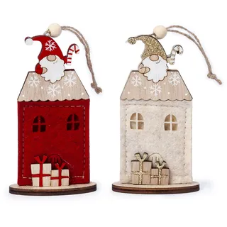 Mopec, 2 x 11,3 x 2 cm NW68 6 Anhänger Haus Weihnachtsmann Dach Rot/Beige, Mehrfarbig