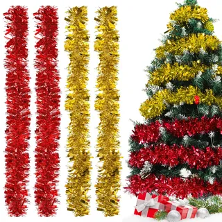 Weihnachtsgirlanden Rot Gold, 2m Lametta Girlande, 4pcs Lametta Weihnachtsbaum, Gold Rot Lametta Girlande Weihnachten, Weihnachtsdeko Lametta für Christbaumschmuck, Geburtstagsparty Deko