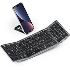 seenda Faltbare Bluetooth Tastatur mit Nummernblock und Handyhalterung, Aufladbare Kabellose Klappbare Tastatur mit 3 Kanäle für Windows iOS Android Mac Smartphone Tablet Laptop PC - Schwarz, QWERTZ