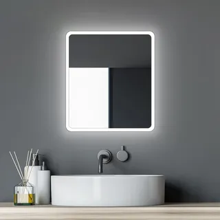 DSK Talos Moon 40 x 45 cm Badezimmerspiegel mit LED Spiegel, mit Licht Lichtfarbe Neutralweiß umlaufender Aluminiumrahmen