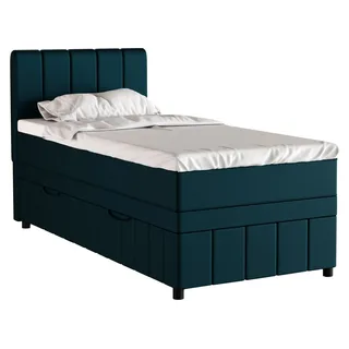 Boxspringbett Einzelbett 90x200, Dunkeltürkis, AVALON, mit Bettkästen, mit Matratze, mit Topper, Panda Möbel - Blau