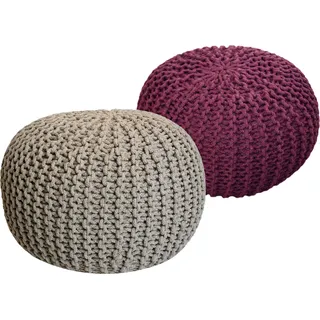 Strickhocker 2er Set Pouf Sitzpouf Sitzpuff Bodenkissen Ø 55cm beige/bordeaux - Grau, Beige, Blau, Braun, Gelb, Grün, Lila, Türkis, Rosa, Rot, Schwarz, Weiß