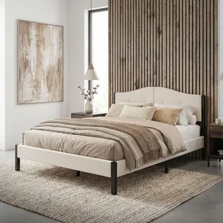 ML-Design Polsterbett 140x200 cm Beige Doppelbett mit stabilem Bettgestell Bettrahmen mit Kopfteil Lattenrost & Leinenstoff Modernes Jugendbett Bett - Beige