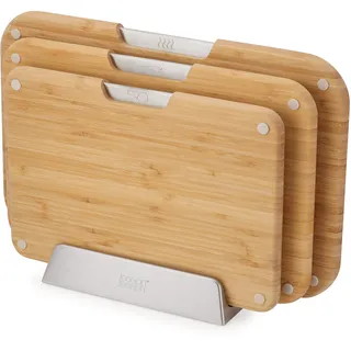 Joseph Joseph Nest Boards 3-teiliges Bambusholz Schneidebrett-Set, Beidseitig Nutzbar, Rutschfeste Füße, Edelstahl-Bügel, Lebensmittel-Symbole, Metallständer