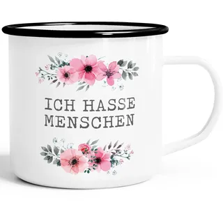 MoonWorks Emaille Tasse Becher Ich hasse Menschen Blumige Grüße Kaffeetasse Weiss unisize