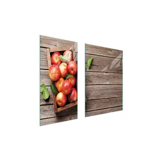 Herdabdeckplatten 2 teilig 75x52 Glaskeramikkochfeld Abdeckung Glas Schneidebrett Äpfel Holz