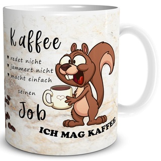 TRIOSK Tasse Eichhörnchen mit Spruch lustig Kaffee redet nicht Geschenk für Arbeit Büro Kaffeeliebhaber Frauen Freundin Männer Kollegen Beige, Keramik 300ml