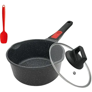 Bobikuke Stielkasserolle 16 cm mit Deckel Kochtopf Induktion Antihaft Pfanne, 1,5L Milchtopf mit Ausgießer, mit Abnehmbarer Griff, Geeignet für alle Herdarten, Backofen und Spülmaschinenfest (Schwarz)