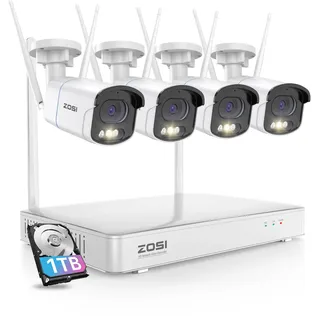 ZOSI 4MP WLAN Überwachungskamera Set Aussen, 8CH 1TB NVR mit 4X WiFi Kamera Outdoor Set, Personen- und Fahrzeugerkennung, 2-Wege Audio, Farbnachtsicht