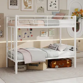 FAVSH Etagenbett 90x190 cm, Hochbett Metalltreppe, Bunk Bed mit SchutzgeläNder und Zugangsleitern, Hochbetten Erwachsene mit Lattenrost und Rausfallschutz für Jugendliche und Erwachsene (Weiß)