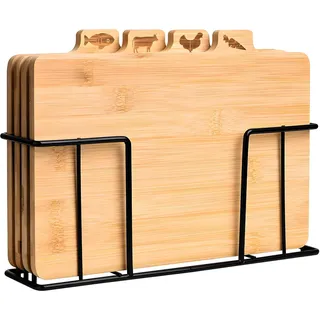 4 Schneidebretter Homesmart, Bambus auf Ständer, Holz für Gemüse, Fleisch, Fisch und Geflügel, Metall-Organizer für Bretter, Multifunktionales