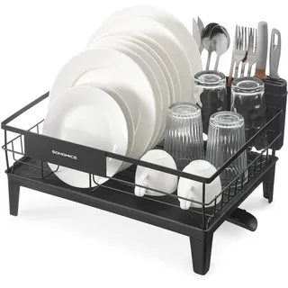 Abtropfgestell Geschirr, Geschirr-Abtropfständer, 360° drehbarer und ausziehbarer Ablauf, Abtropfschale, Besteckhalter, Küche, 31 x 42 x 18,5 - Schwarz