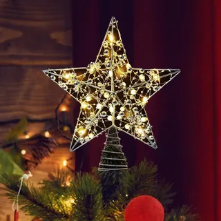 Christbaumspitze, 25 cm Baumspitze Weihnachten, Metall Design glitzerte 20 LED Lichter Christbaumspitze Stern für Festliche Weihnachten zu Hause Weihnachtsbaum Deko (Silber)